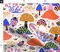 Mushroom Doodles Colorful Botanical Woodland Insects Retro Nature Red Blue Green Custom Printed Fabric by Spoonflower Various Fabrics by the Yard or Fat Quarter